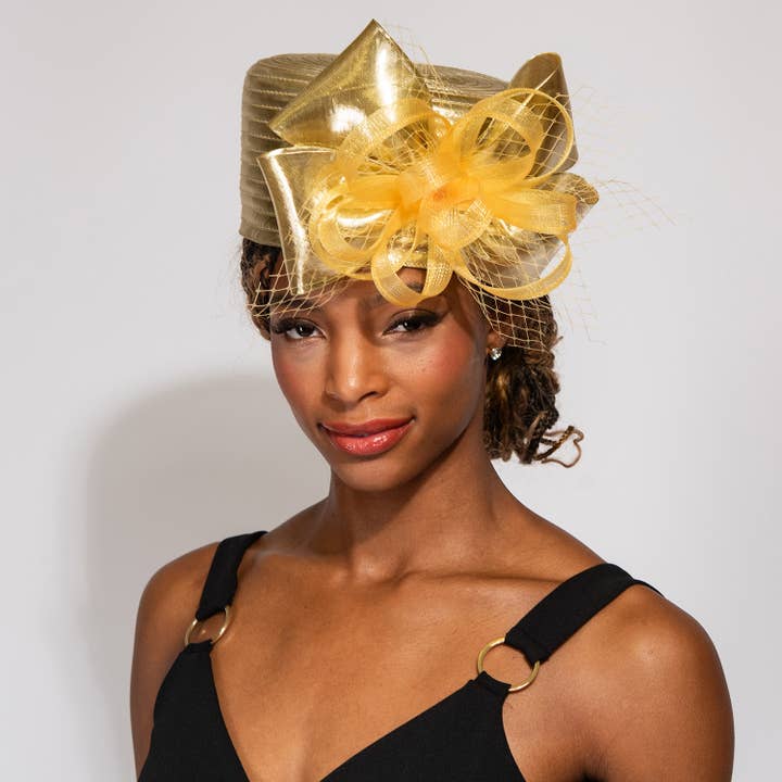 SP Sophia Collection - Wholesale Fascinator Hat - Women's - Ribbon Metallic Dressy Netted Pill Box Braid Hat