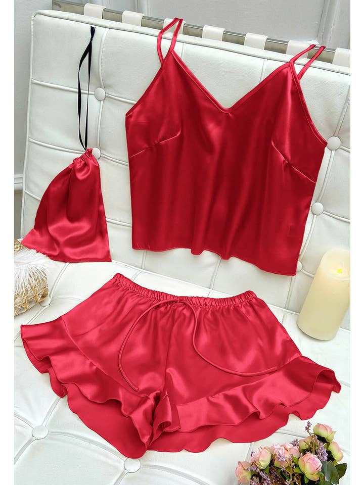 Anna Kaci Wholesale - Wholesale Lounge Set - Women's - Satin Tank and Ruffle Hem Shorts26