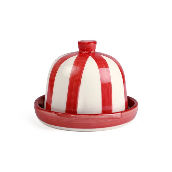 Casa Amarosa - Wholesale Butter Dish - Ceramic Striped Butter Dish - Red , 5 x 5.5 Inches