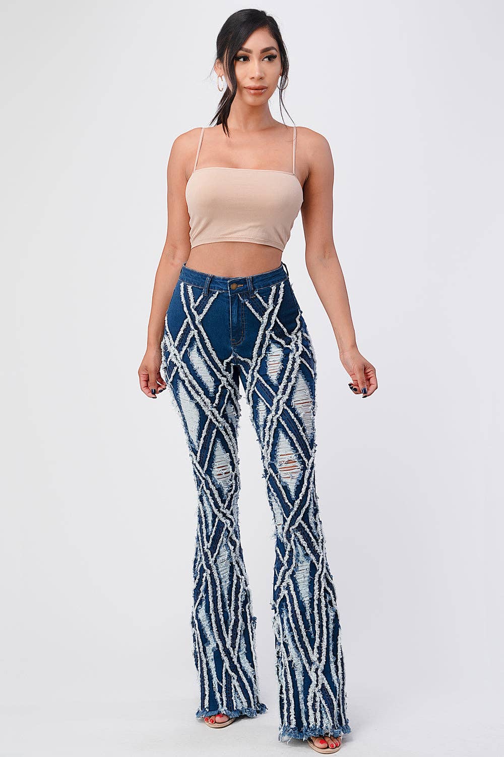 Md Blue Diamond Destroyed Flare Denim Jeans for wholesale on Faire6