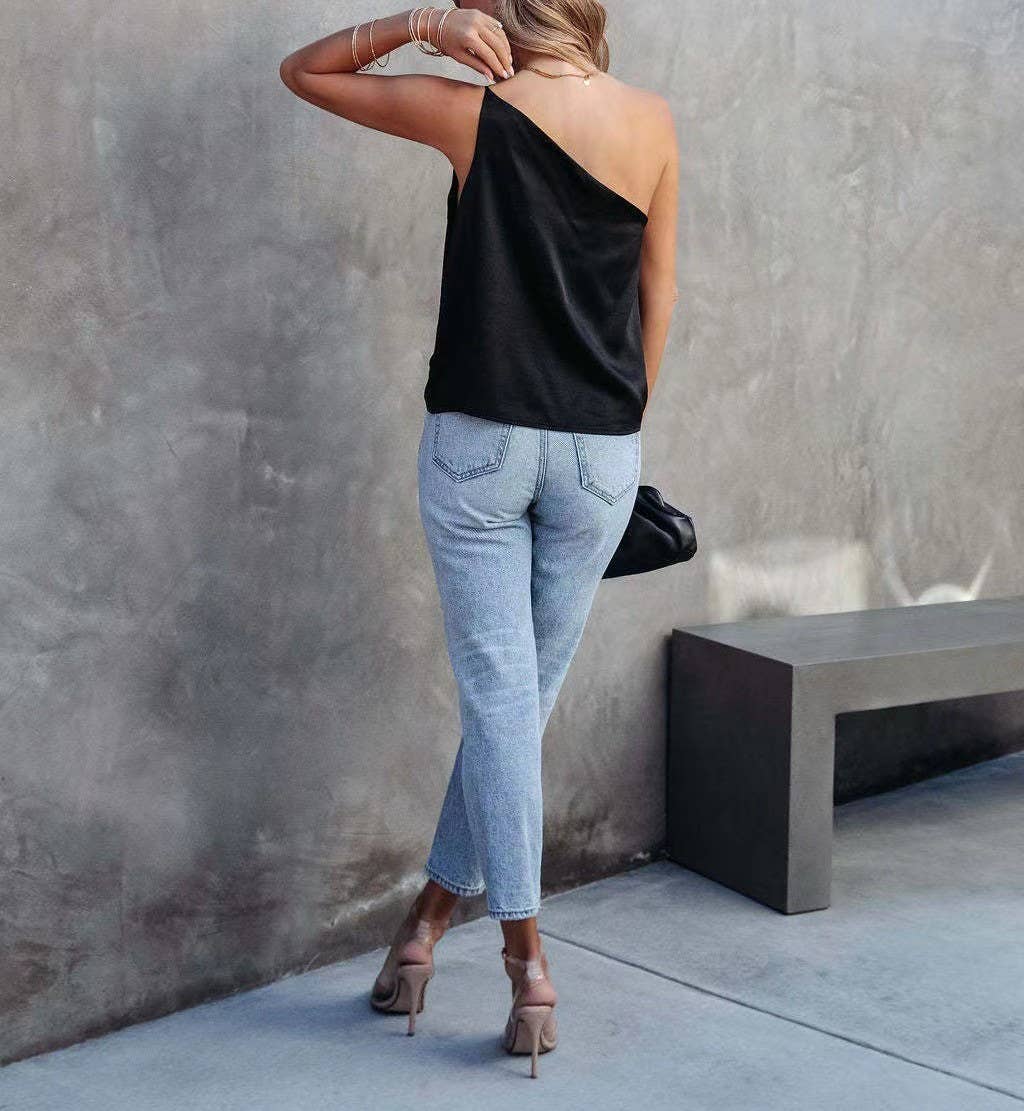 HIDDENBRAND - Wholesale Blouse - Women's - New satin blouses with loose casual slant straps2