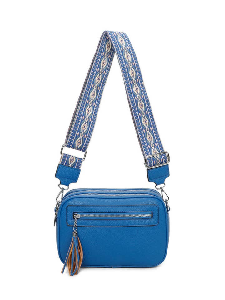 Trendy Quadruple Zipped Tassel Crossbody with Canvas Strap for wholesale by Ellas Trading