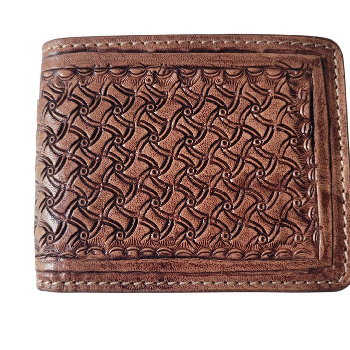 Hand-Tooled Genuine Leather Bifold RFID Wallet Tan II for wholesale by Megical Basket