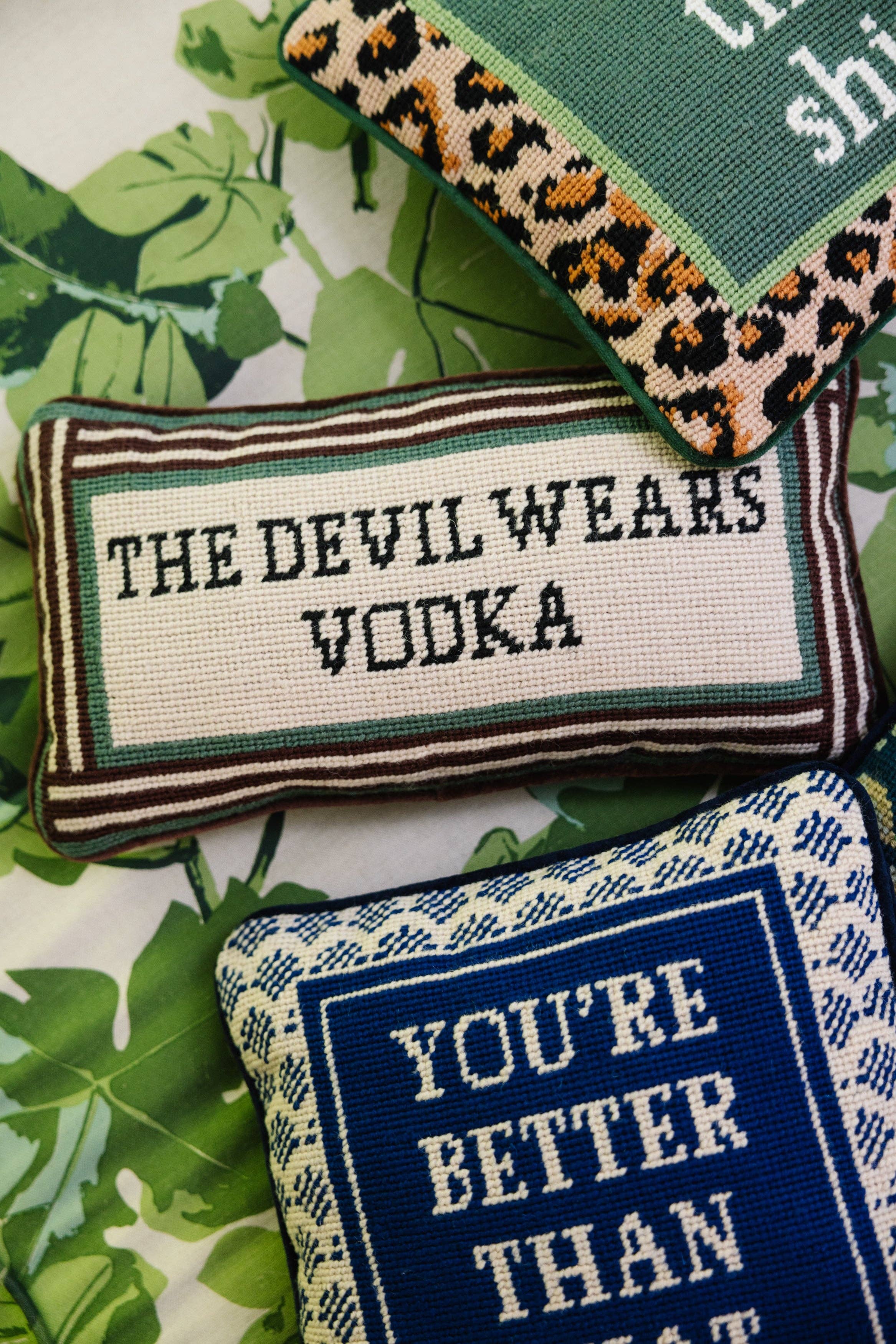 Furbish Studio - Wholesale Throw/Decorative Pillow - Devil Wears Vodka Needlepoint Pillow3