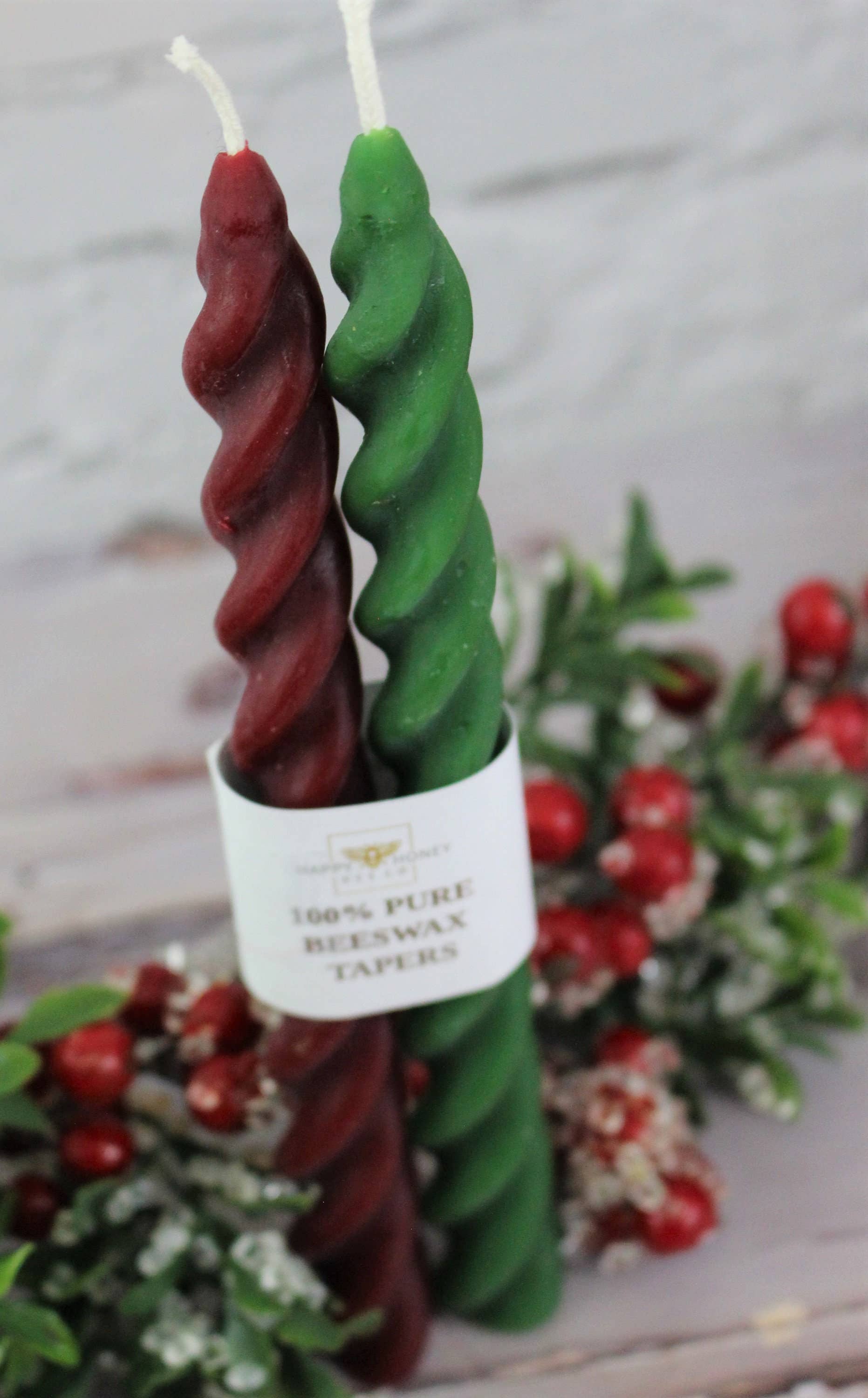 Happy Honey Bee Co. - Vente Bougies/bougeoirs coniques - Bougies en cire d'abeille Twisted Taper, 7 pouces, rouge bordeaux et vert9