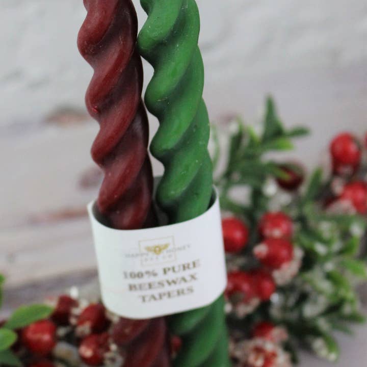 Happy Honey Bee Co. - Wholesale Tapered Candle/Candlestick - Twisted Taper Beeswax Candles, 7 Inches Burgundy Red & Green9
