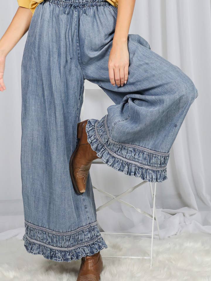 Flared Ruffle Hem Washed Chambray Crop Denim Pants VP83186 for wholesale by Vine & Love