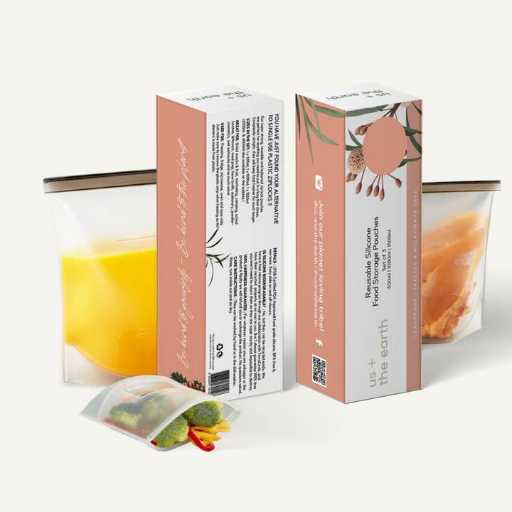 Us and The Earth – wholesale Food storage wrap/bag – BOXED SET - 3 Silicone Zip Locks - 500ml,1000ml,1500ml1