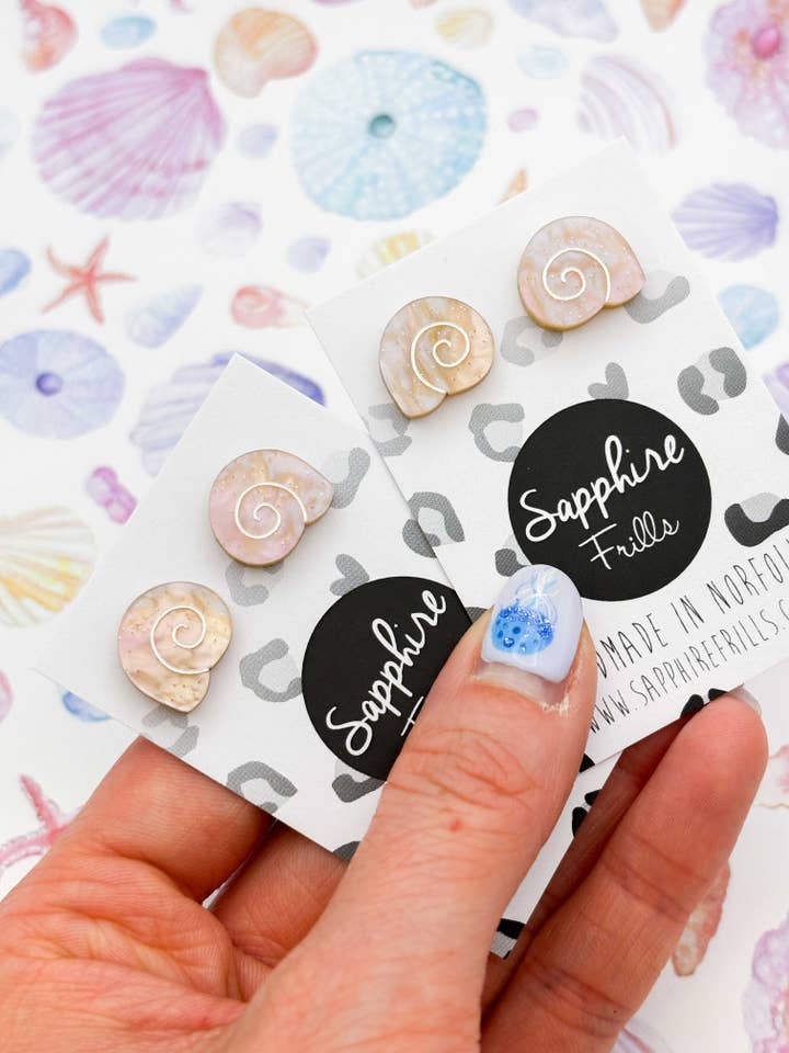 Small Sundial Beige Glitter Shell Studs for wholesale by Sapphire Frills Ltd