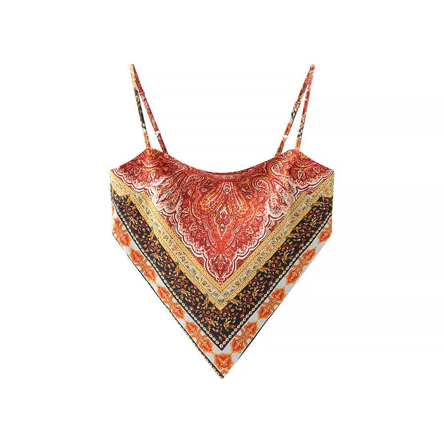 Rosa Clothing - Wholesale Camisole - Women's - Silk Vintage Print Backless Lace-Up Cropped Camisole Top11