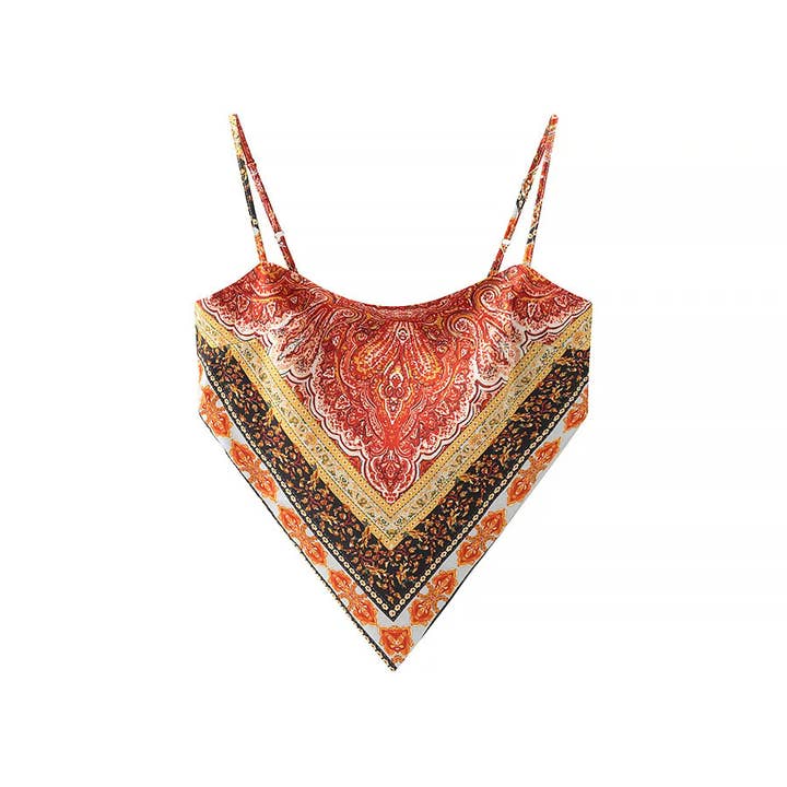 Rosa Clothing - Wholesale Camisole - Women's - Silk Vintage Print Backless Lace-Up Cropped Camisole Top11