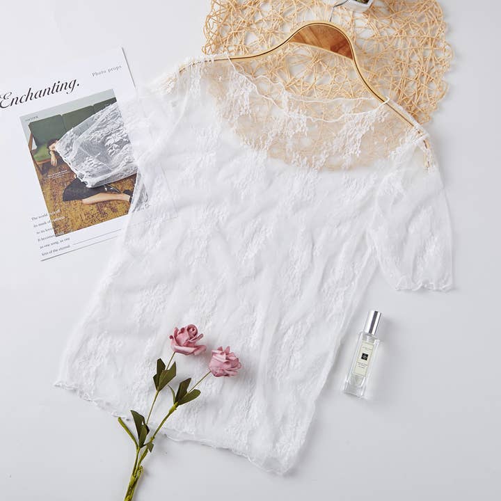 Rosa Clothing - Wholesale T-Shirt - Women's - Floral lace mesh see through short sleeve top - 6 colors