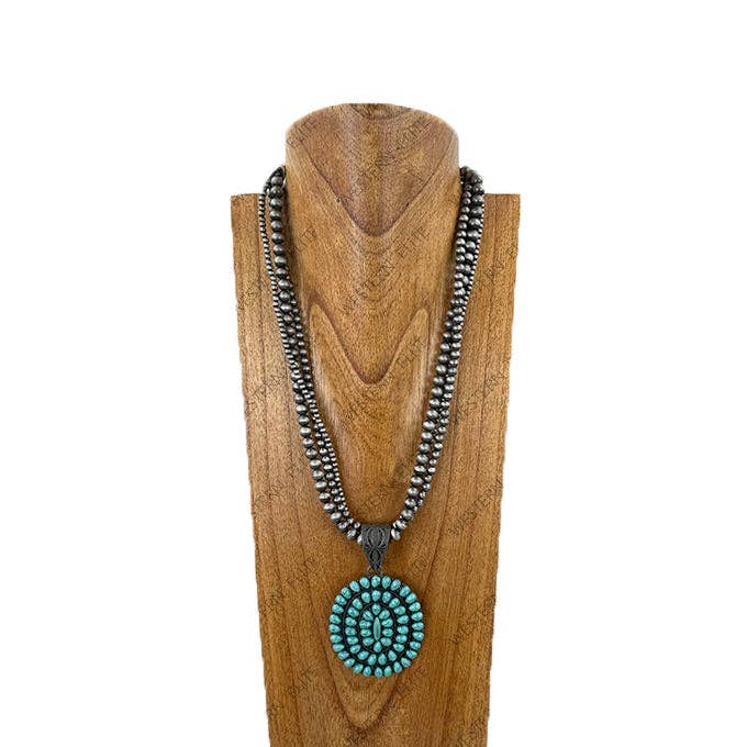 NKY251231-28 24'' dreifache silberne Navajo-Perlenketten mit blauem Türkis-Stein ovalem Anhänger Halskette für den Großhandel von Western Elite Jewelry