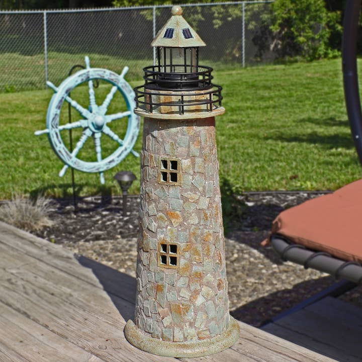 25 in Cobblestone Solar LED Lighthouse Nautical Statue for wholesale by Sunnydaze Decor