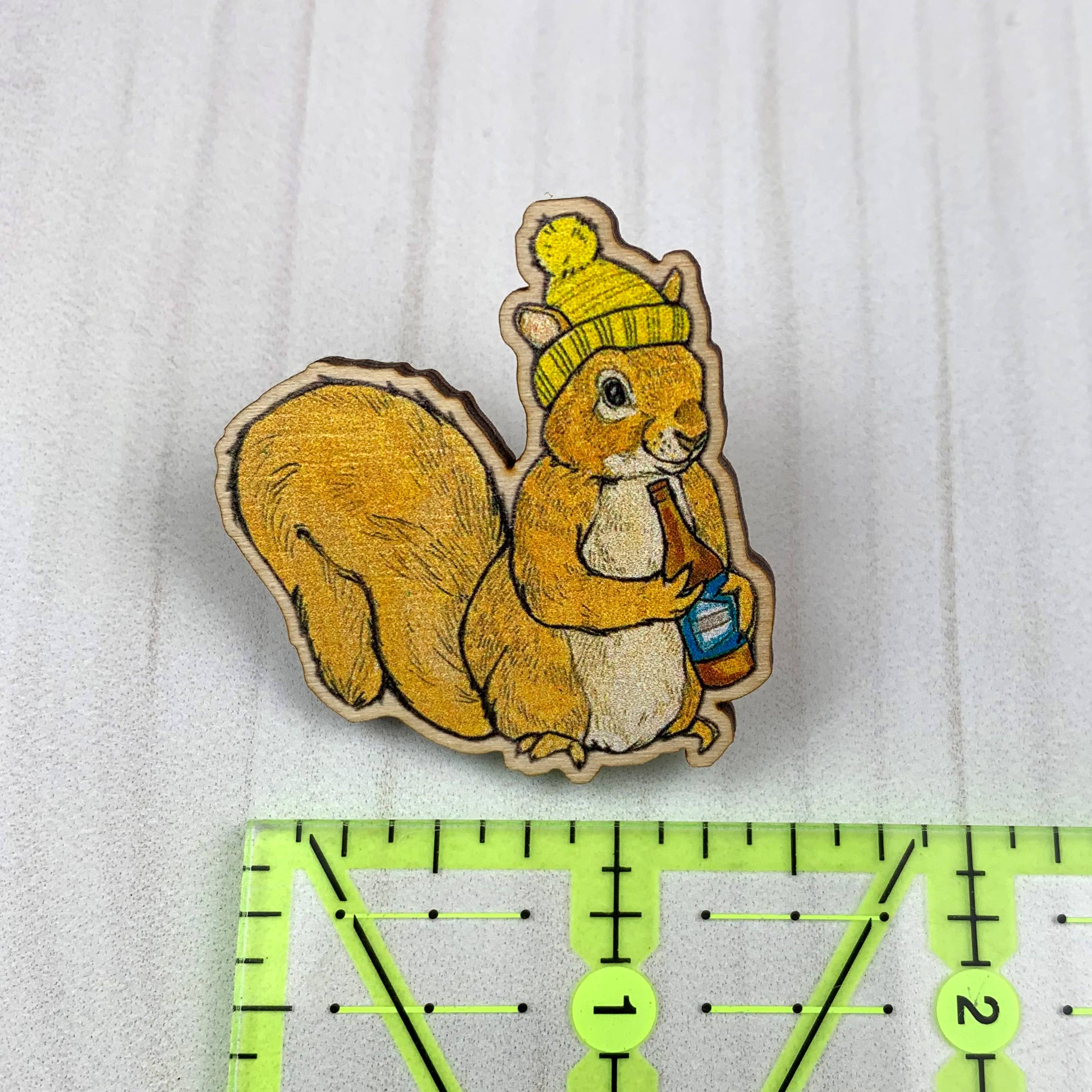 Sarah Draws Things - Wholesale Lapel Pin/Button - Beer Squirrel - 1.5" illustrated wooden pin3