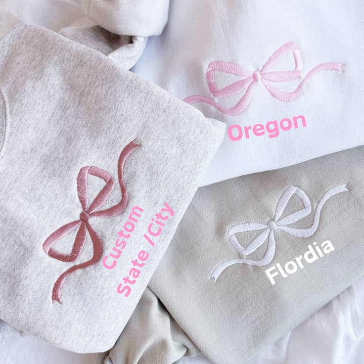 Custom State/City Bow Embroidery Sweatshirt for wholesale by Vanilla