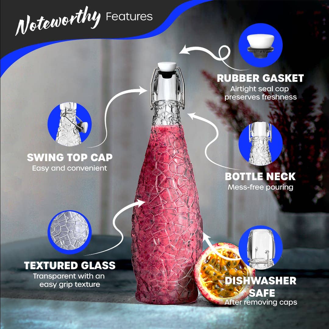 Nevlers – Engroshandel Mælkeflaske/saftflaske – Sæt med 6, 33 oz. svingtopglasflasker | Tekstureret design1