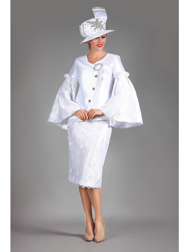 2pc Bell Slv Sequined Lace&Silky Twill Skirt Suit for wholesale by Giovanna