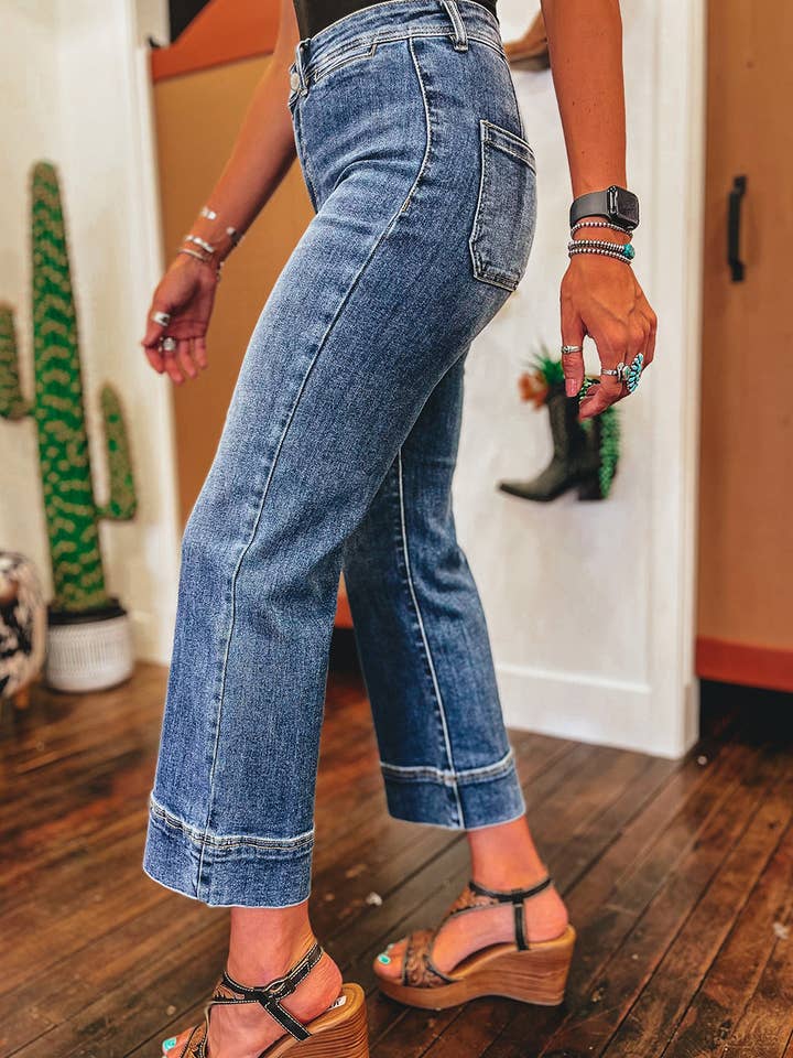Blue Mineral Wash High Waist Bell Bottom Crop Jeans for wholesale on Faire