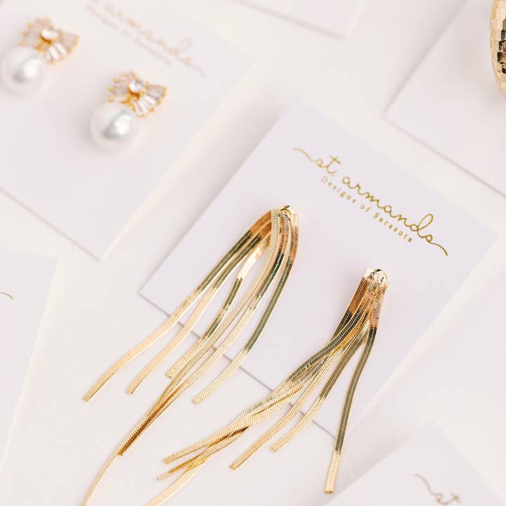 St Armands Designs of Sarasota - Wholesale Dangle earrings - Skinny Gold Cascading Tassel Minimalist Statement Earrings4