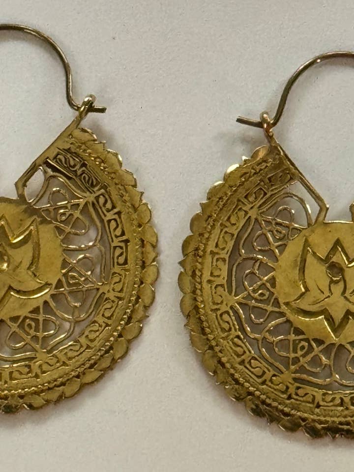 Intricate Lotus Mandala medium Brass Hoop Earring for wholesale by The Curator