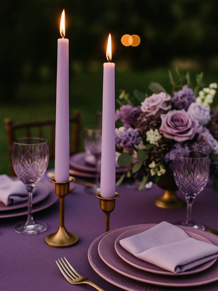 24 Lavender Lilac Purple Smokeless Dripless Taper Candles  for wholesale by Elan Bazaar