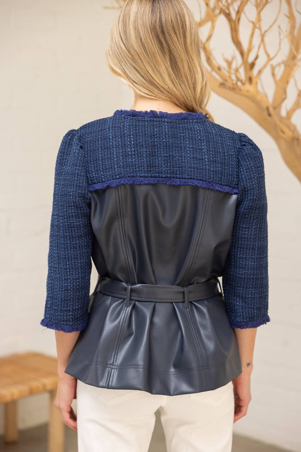 Navy 35949 Belted Solid Tweed and Faux Leather Jacket for wholesale on Faire5