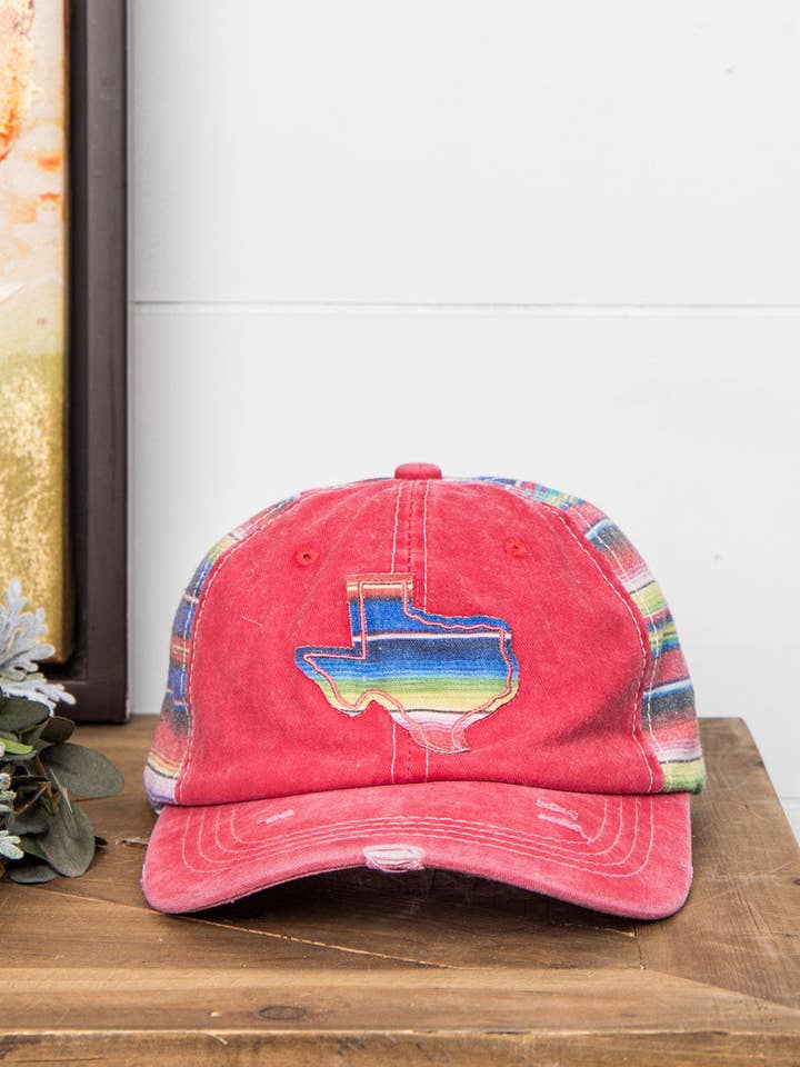 Embroidered Serape Texas on Bright Red Hat with Serape Fabric for wholesale by GRACE+EMMA by Southern Grace