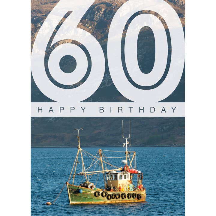 Age 60 Card - Fishing Boat On Loch for wholesale by Leonard Smith