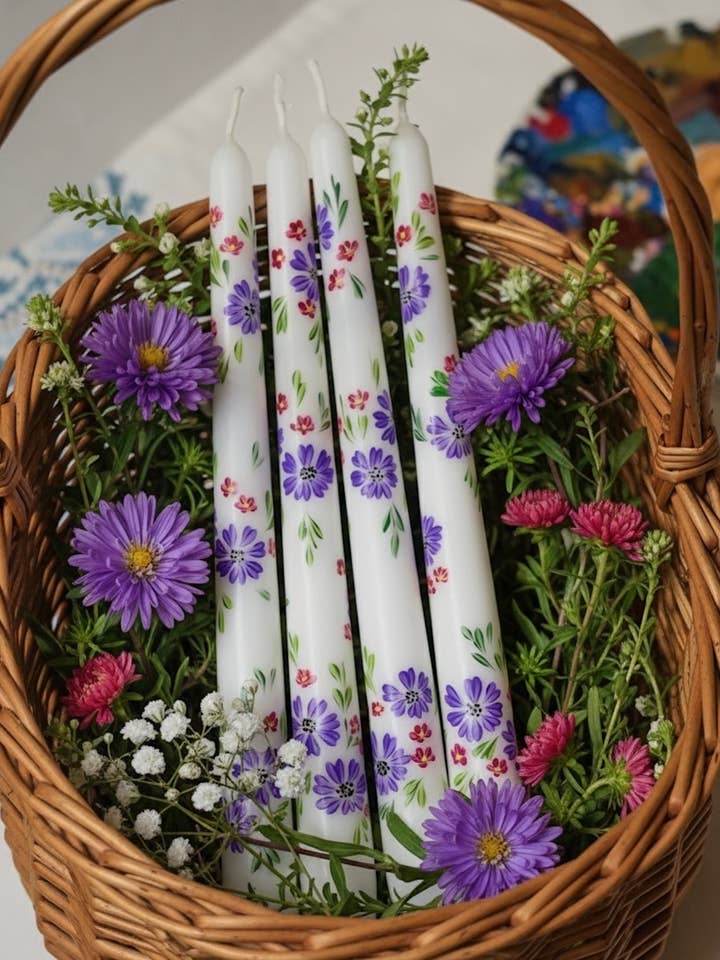 Set of 2 Hand Painted Taper Candles, Flower Candle for wholesale by May20design