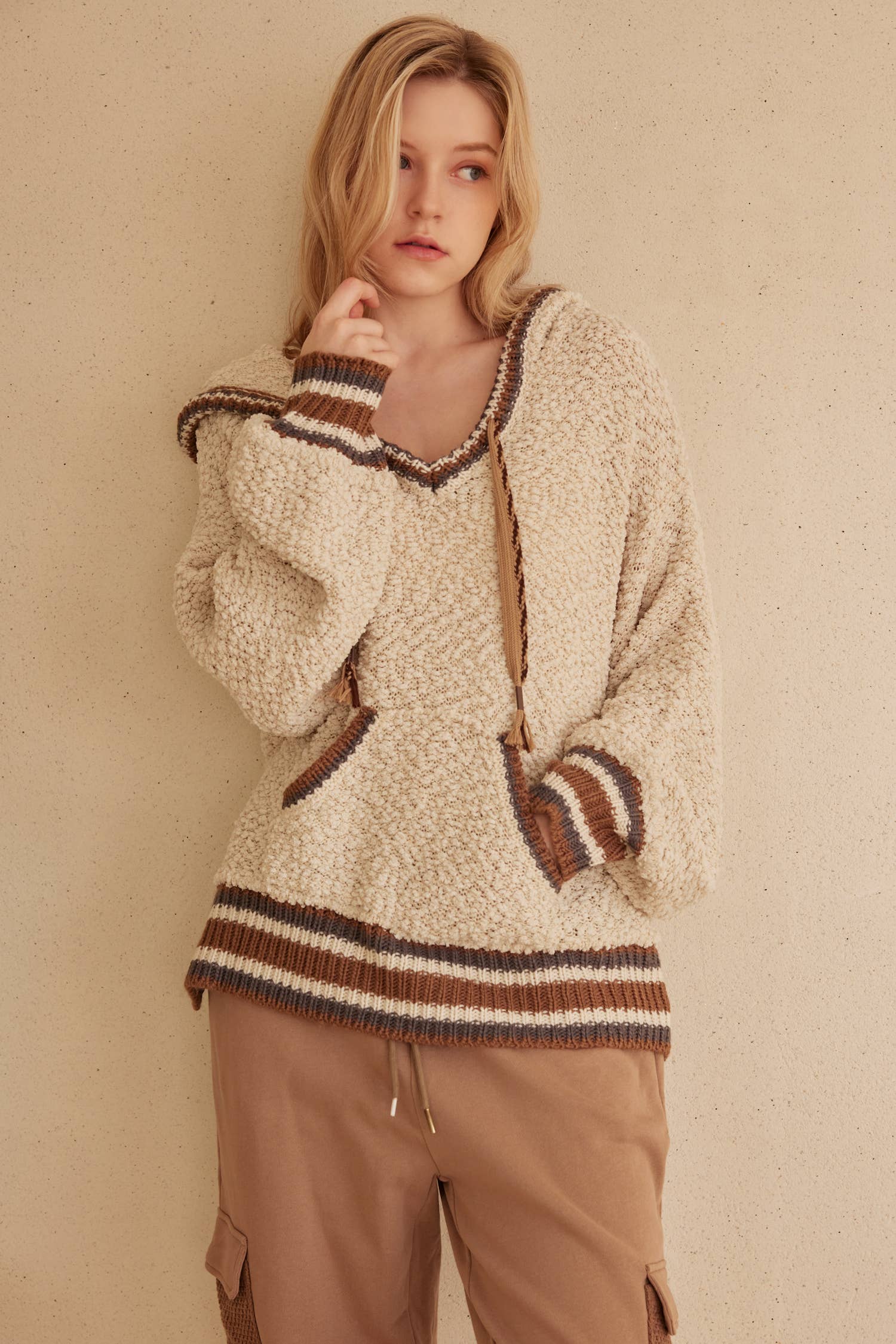 Beige Brown Cozy Hooded Puff Sweater for wholesale on Faire1