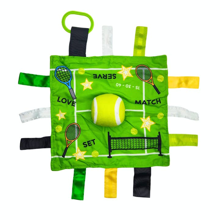 Tennis Ball Baby Raquetball Lovey Tag Stroller Toy 10" x 10" for wholesale by Baby Jack and Company