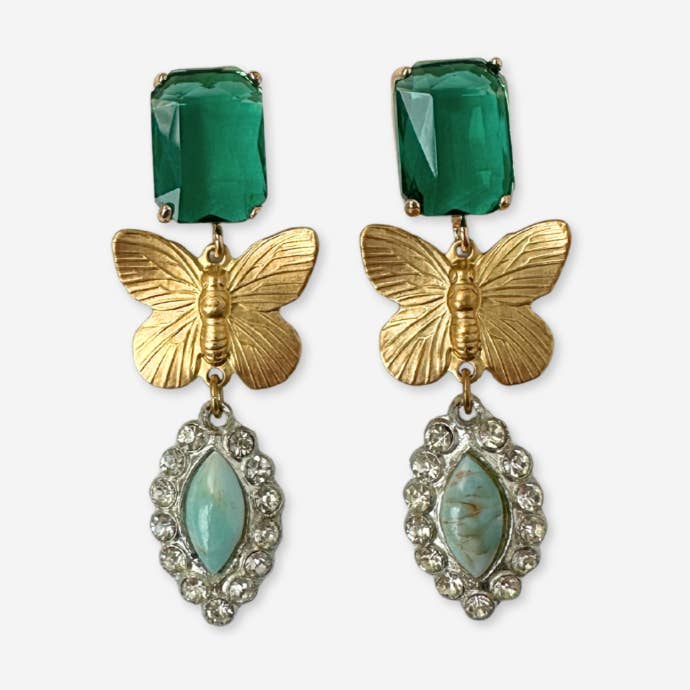 Lulu’s Petals - Venta al por mayor Pendientes colgantes - Pendientes de mariposa de latón con colgantes vintage de turquesa y pedrería y poste grande verde.0