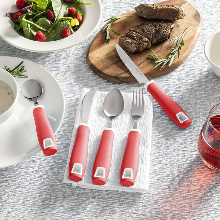 Special Supplies - Wholesale Flatware Set - Set of 5 Red Adaptive Utensils - Stainless Steel Knife, Rocker Knife, Fork, Soup Spoon, Dinner Spoon7