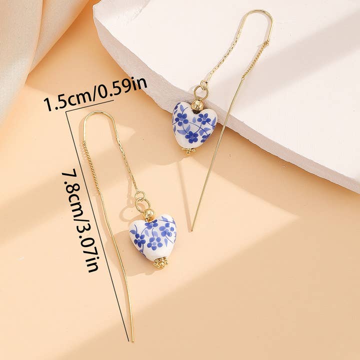 Elegant Gold Chain Blue White Porcelain Heart Dangle Earring for wholesale on Faire
