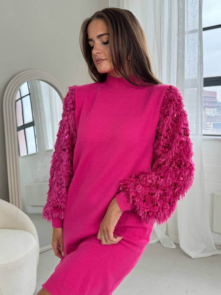 Emily Sequin Detail Jumper Dress Fuchsia Pink for wholesale by Girl In Mind