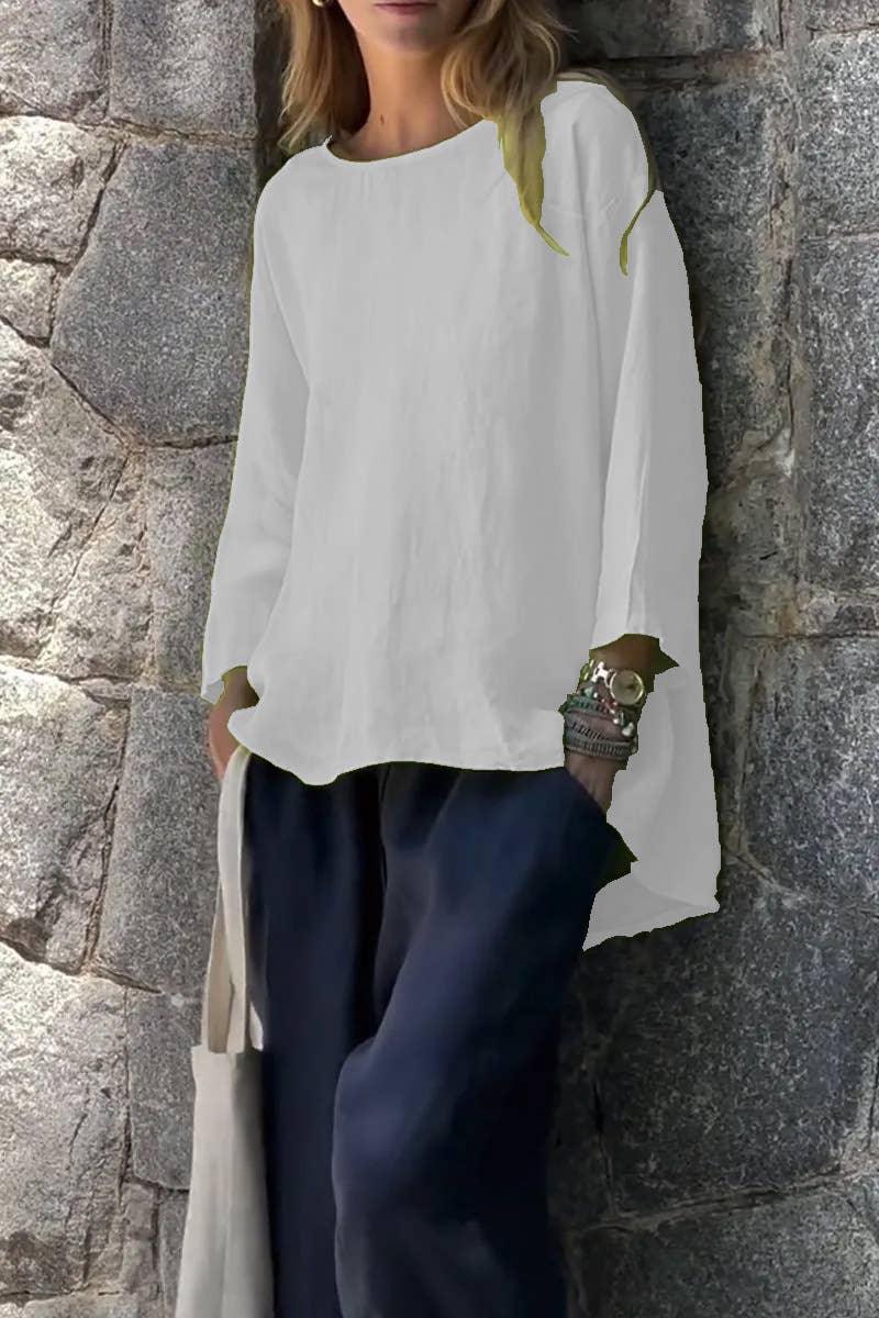 Lily Clothing - Wholesale Blouse - Women's - Nine-quarter sleeve round-neck cotton linen top3