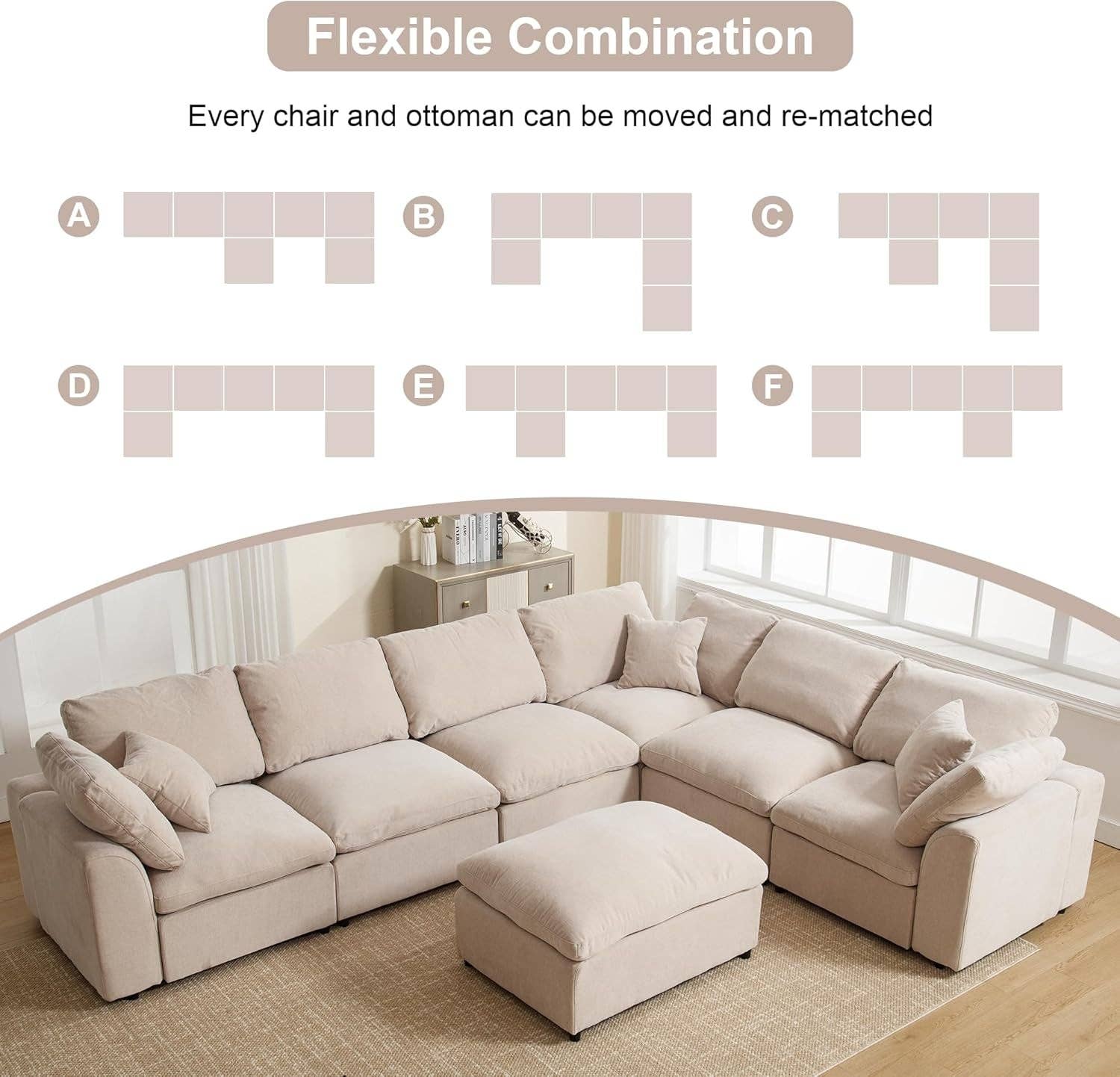 Beige Oversized U Shaped Modular Sectional Sofa with Ottoman for wholesale on Faire3