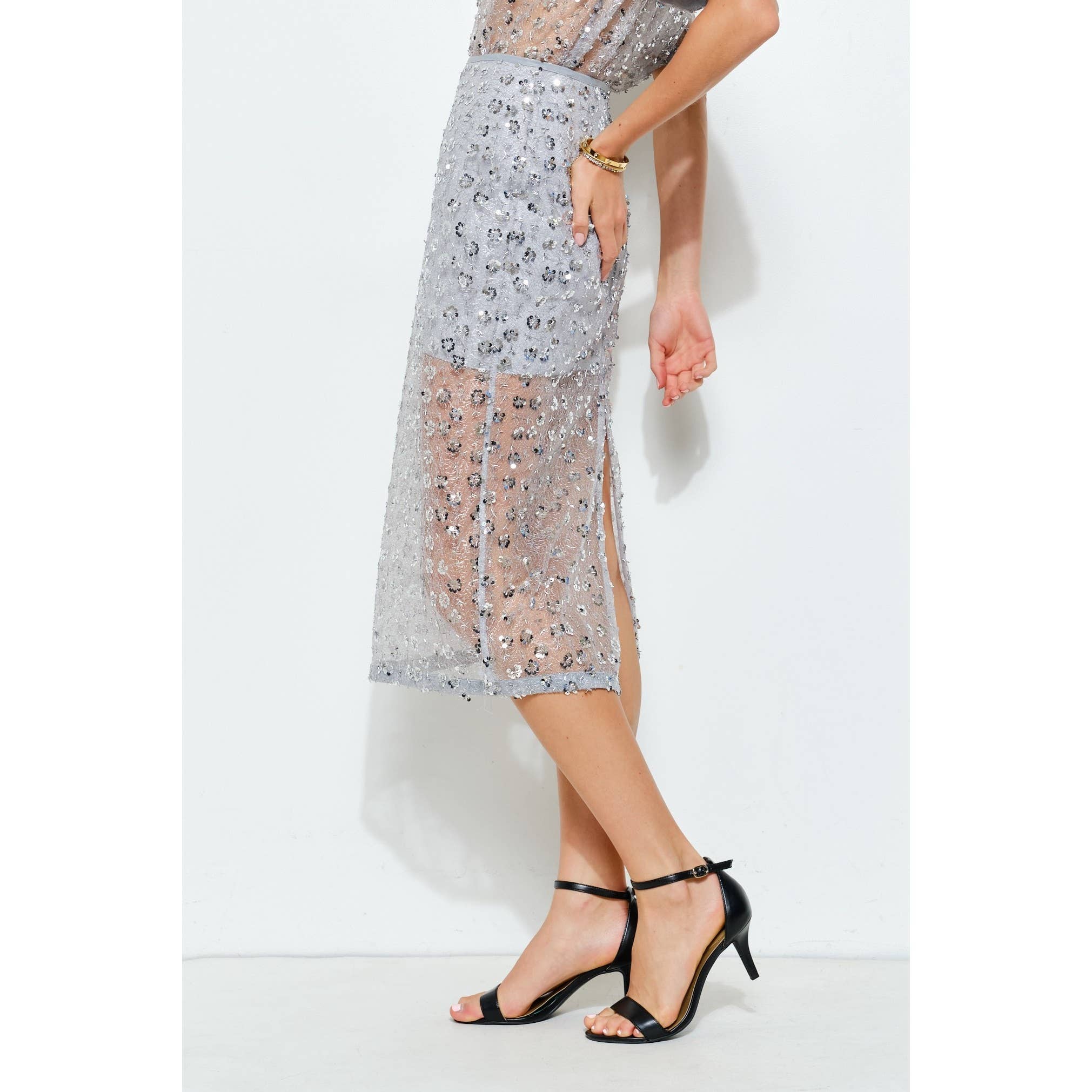 INA - Wholesale Skirt - Women's - Floral Sequin Embroidered Mesh Midi Skirt8