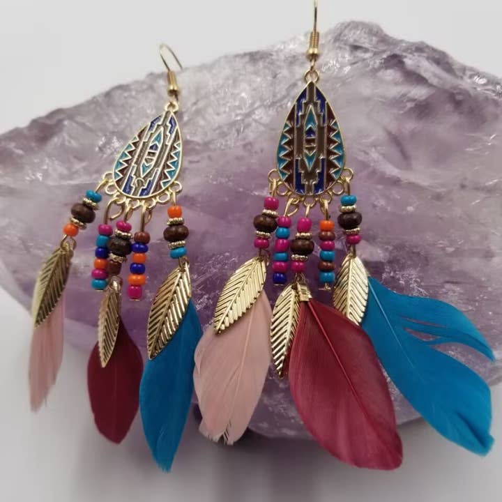 magnolia jewelry - Wholesale Dangle Earrings - Boho Multicolored Beaded Feather Earrings1