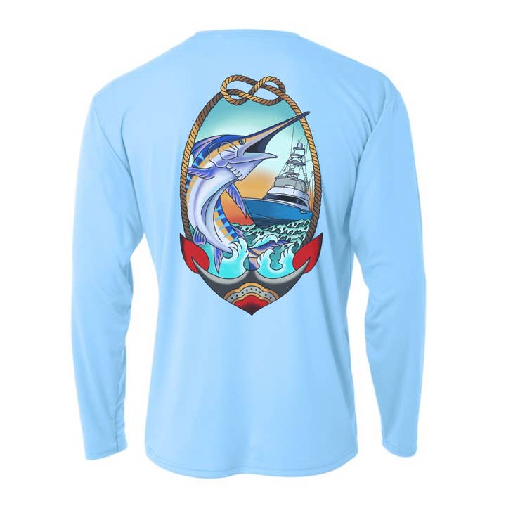 FISH ON!!! Marlin UPF 50+ Performance Long Sleeve Shirt for wholesale by On The Fly Artworks