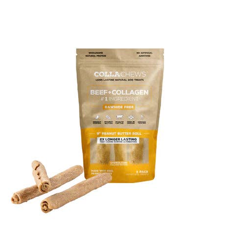 CollaChew 9" Collagen Roll, Peanut Butter - 3ct bag for wholesale by Blue's Colorado