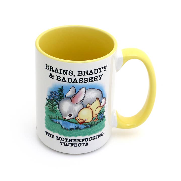Lenny Mud - Wholesale Coffee Mug - Brains, Beauty, Badassery, 15 oz Bunny and Duck mug