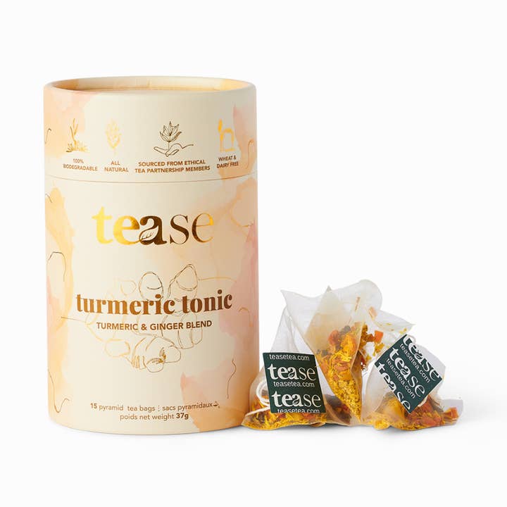 Tisane tonique au curcuma avec gingembre adaptogène et superaliment pour la vente par Tease | Wellness Tea Blends + Accessories