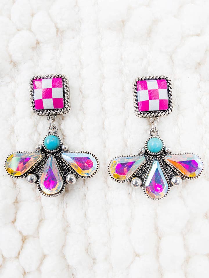 Pink Check Crystal Valley Silvertone Earrings for wholesale by Wholesale Accessory Market