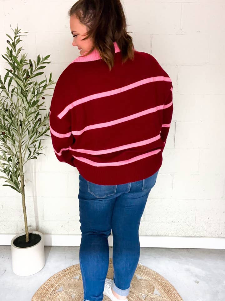 Promenade - Wholesale Pullover-trui - Dames - Fall For You oversized trui met karmozijnrode strepen en inkepingen en kraag (open verpakking)8