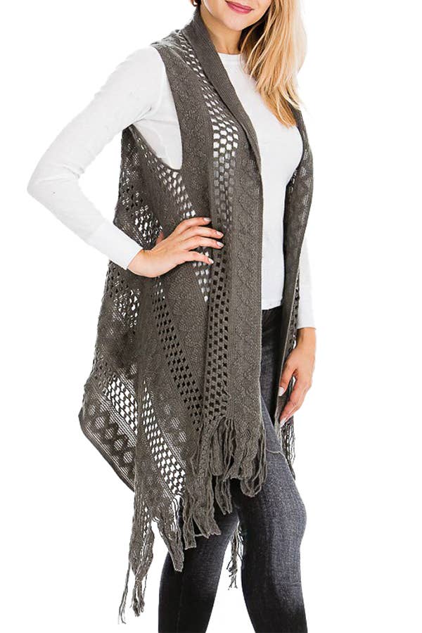 Cap Zone - Vendita all'ingrosso Gilè imbottito - Donna - Gilet lungo cardigan lavorato a maglia con frange lavorate all'uncinetto1