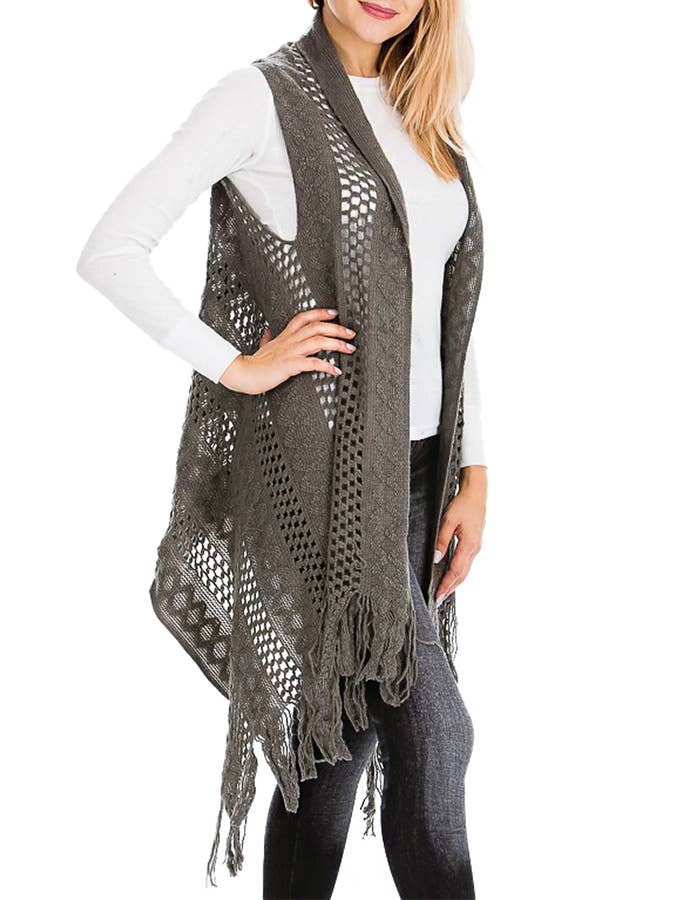 Cap Zone – Colete - Mulher por atacado – Cabo Crochet malha franja guarnição Cardigan Long Vest14