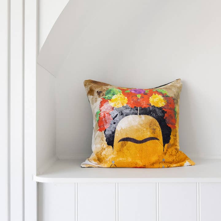 Mexican Painter Mustard Frida Face Cushion Cover for wholesale by Linen Connections