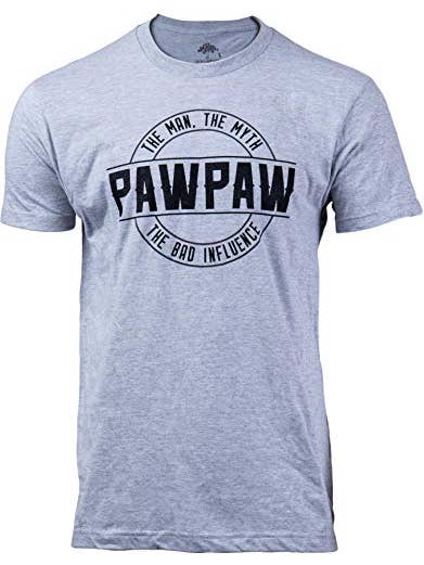 Heather Grey Pawpaw: Man, Myth, Bad Influence | Funny New Baby Grandparent Humor Joke Graphic Men Paw Paw T-Shirt for wholesale on Faire3